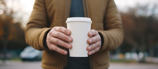 Man holding a white cup outdoors. Close up.