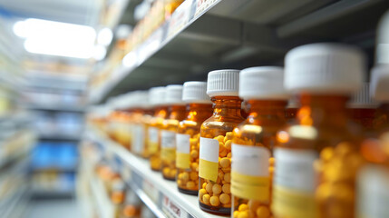 Fototapeta na wymiar Pharmacy shelf stocked with organized medication bottles