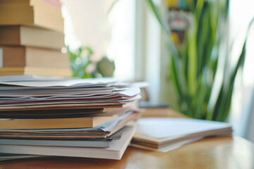 stack of papers on table - obrazy, fototapety, plakaty