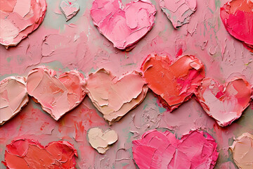 Valentine's day painted love hearts in thick paint, red orange and pink colors