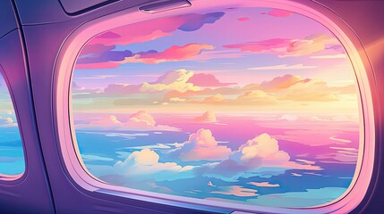 Fototapeta premium an airplane window wing colorful clouds pink illustration