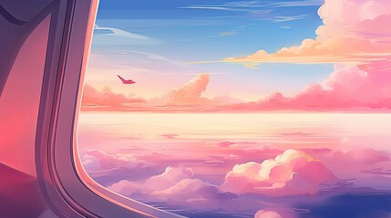 an airplane window wing colorful clouds pink illustration