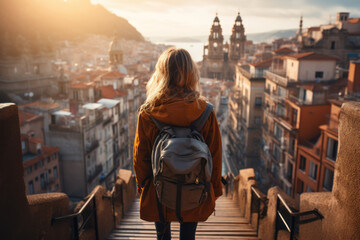Backpacker woman walking in city background. Generative ai. - obrazy, fototapety, plakaty
