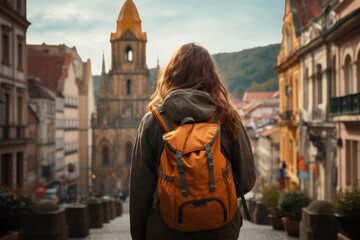 Backpacker woman walking in city background. Generative ai.