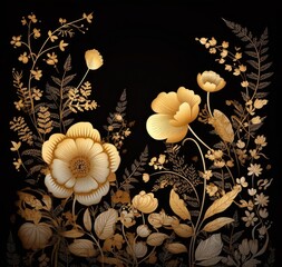 Golden and Black Floral Background with Flowers and Leaves. Floral with flowers inspired in traditional cashmere embroidered shawls, Generative AI