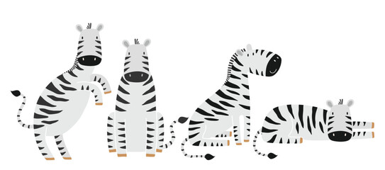 Cute zebra cartoon character flat vector illustrations set.