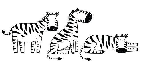 Cute tiger line sketch set. Outline vector illustration.