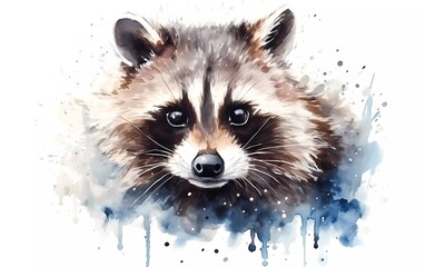Portrait of a cute raccoon, closeup in watercolor style, on a white background. generative ai