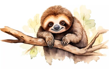 Cute sloth hanging on a tree branch with a funny face, in watercolor style, on a white background. generative ai - obrazy, fototapety, plakaty
