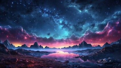 Fantasy Night Sky with Milky Way, Mountain with Smoke from Volcano, Lake with Reflection to Sky. Fantasy Landscape