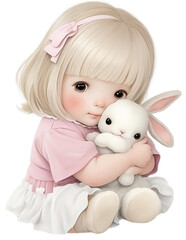 Baby doll holding a cuddly rabbit doll