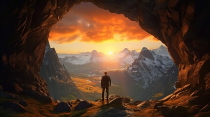 Fototapeta premium Hiker on top of the mountain enjoying sunrise over the tropical valley