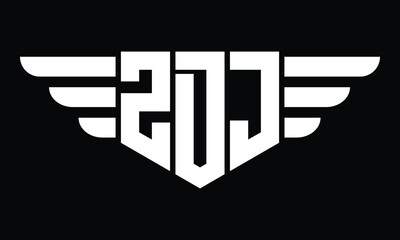ZDJ three letter logo, creative wings shape logo design vector template. letter mark, word mark, monogram symbol on black & white.	