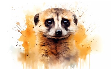 Meerkat portrait, in watercolor style, white background. generative ai