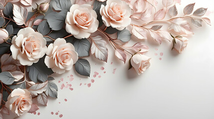 Festive white vertical 2d background with rose and leaves hanging. , event holidays,copy space white