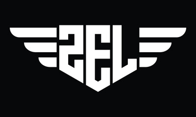 ZEL three letter logo, creative wings shape logo design vector template. letter mark, word mark, monogram symbol on black & white.	