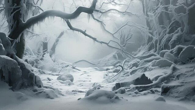 The eerie stillness of a frozen forest, as an ice storm paralyzes the landscape in a fragile coat of ice.