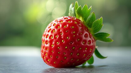 Fresh ripe strawberry with vibrant red color and green leaves