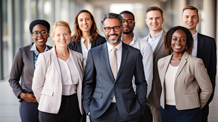 Portrait of successful group of business people at modern office looking at camera. Portrait of happy businessmen and satisfied businesswomen standing as a team. Multiethnic group of people smiling. - obrazy, fototapety, plakaty