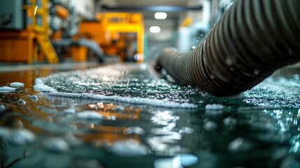 Intense water flow from a large industrial suction hose at work - obrazy, fototapety, plakaty
