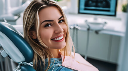 A woman's bright smile reflects in the mirror, radiating confidence and warmth as she showcases her long hair and stylish clothing in an indoor setting