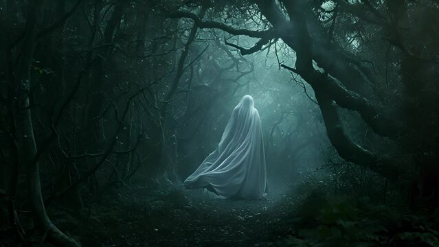 A dark, shadowy forest illuminated by the ghostly figure of a banshee, her white gown billowing behind her as she drifts through the trees, her haunting cries signaling a Fantasy animatio