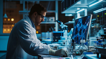 A diligent technician in a crisp lab coat delves into complex research on a computer screen in a state-of-the-art laboratory at a prestigious engineering institute