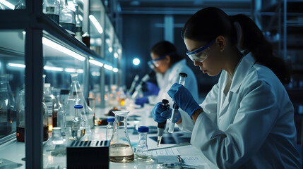 A dedicated scientist in a crisp lab coat carefully wields a precise pipette, surrounded by...