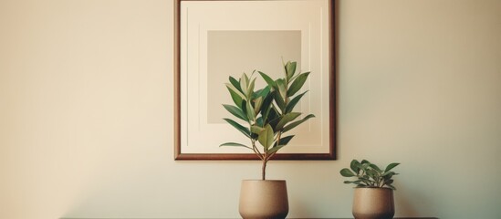 Brightly lit indoor close-up of two picture frames and a potted plant.