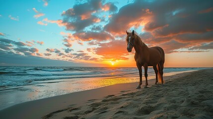 Obraz na płótnie Canvas A brown horse standing on top of a sandy beach under a cloudy blue and orange sky with a sunset
