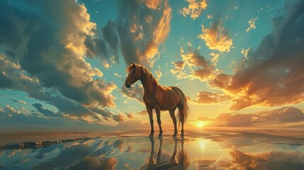 A brown horse standing on top of a sandy beach under a cloudy blue and orange sky with a sunset