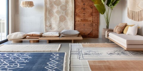 Show room with oriental hand-made rugs. Interior design and traditional rug-weaving art. 