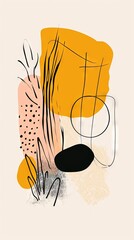 Modern abstract shapes with squiggly doodle black line over for minimalist digital print. Bold color palette, iconic, charming, colorful geometric. Drawing vector design.