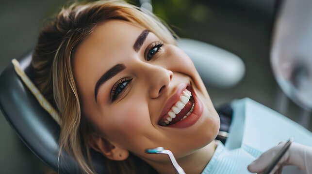 A radiant woman embraces her daily routine with a bright smile and careful attention to her appearance, highlighted by her perfectly applied lipstick and groomed eyebrows, as she holds a toothbrush i