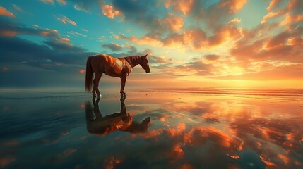 A brown horse standing on top of a sandy beach under a cloudy blue and orange sky with a sunset