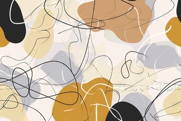 Modern abstract shapes with squiggly doodle black line over for minimalist digital print. Bold color palette, iconic, charming, colorful geometrics.