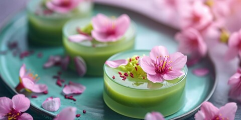 Fototapeta na wymiar Japanese dessert, green matcha tea jelly cream decorated with sakura flowers, on ceramic plate. AI generated image. 