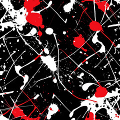 White and red color paink splashes pattern on black background, tile
