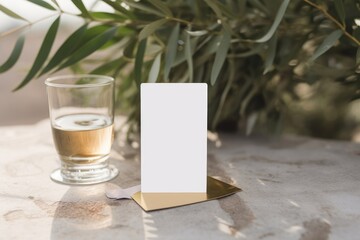 Blank business card mockup on champagne glass with golden rim. Blurred concrete ground with olive tree branch. Mediterranean summer wedding stationery, Birthday party, Generative AI