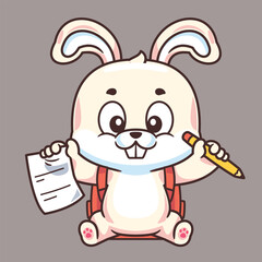 Cartoon bunny animal school writing with pencil and paper
