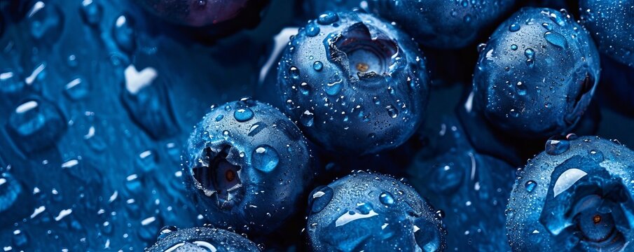Blueberry berry background. Background from freshly picked blueberries, close-up, macro. Water drops on ripe berries. AI generated image. 