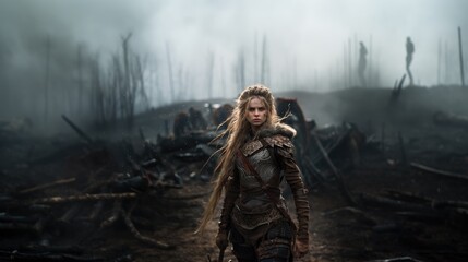 Obraz premium A fierce Viking warrior girl is standing alone on the post-battlefield ruins and ashes. Generative ai