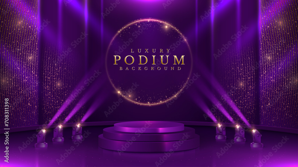 Wall mural empty violet podium with spotlight effects and gold bokeh decorations. luxury scene design concept. 