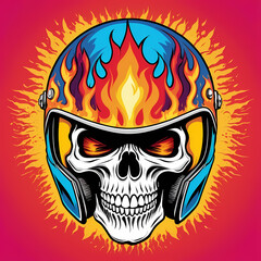 Skull head wearing helmet motorcycle with fire effect for t shirt, tattoo, poster. Graphic design ready to print. Easy to edit and remove background.