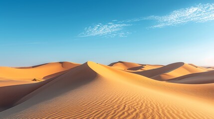 Fototapeta na wymiar Sweeping sandy dunes under clear blue sky, embodying the vastness of the desert.
