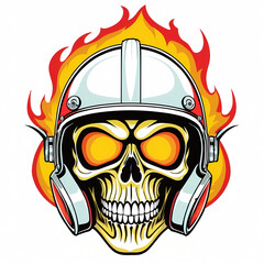 Skull head wearing helmet motorcycle with fire effect for t shirt, tattoo, poster. Graphic design ready to print. Easy to edit and remove background.