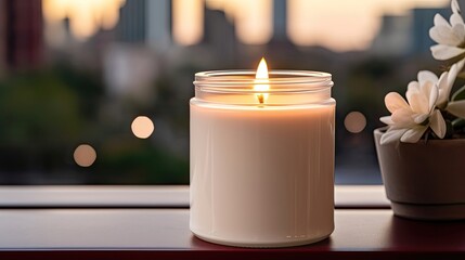 A lit scented blank white Soy jar Candle