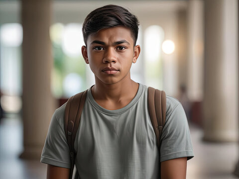 Bored Expression - Close-up Portrait Of A Teenage Southeast Asian Man With A Strong, Bored Gaze Gen AI