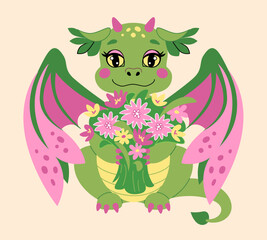 Cute fairytale dragon with spring flower bouquet. Vector illustration in flat cartoon style
