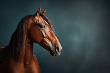 A beautiful horse stands out against a dark background, its equine beauty captured. - obrazy, fototapety, plakaty